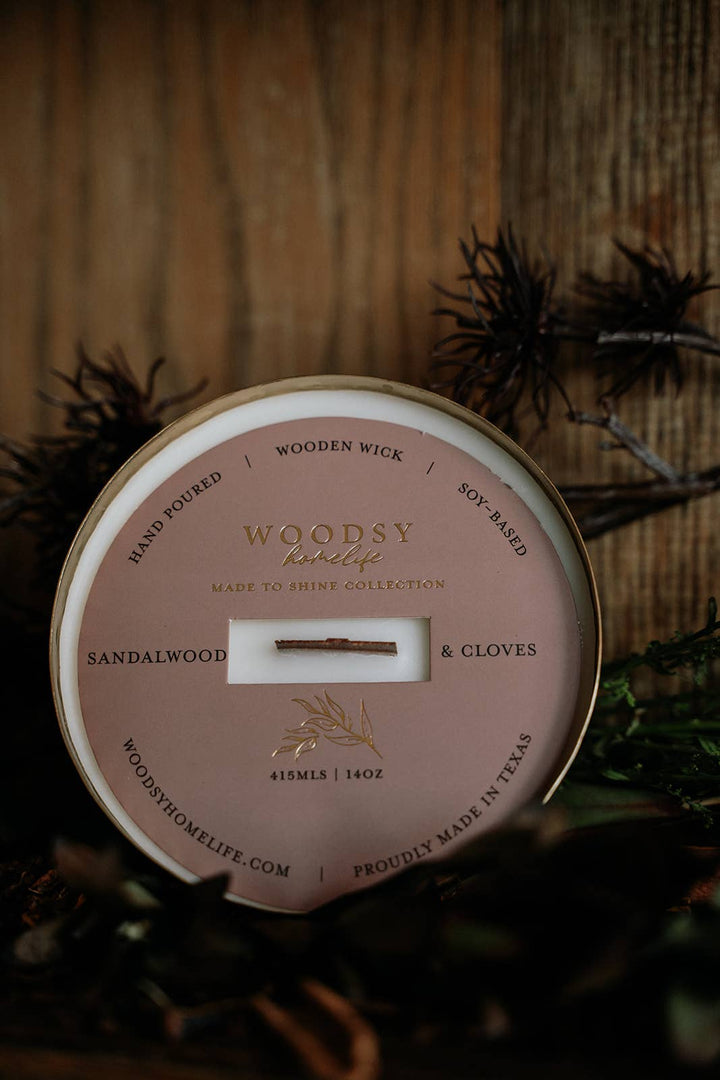 Woodsy Homelife - Sandalwood & Cloves-Solid Brass 14oz Pure Soy Candle
