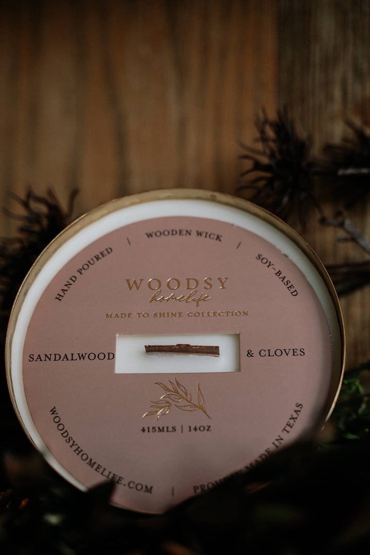 Woodsy Homelife - Sandalwood & Cloves-Solid Brass 14oz Pure Soy Candle