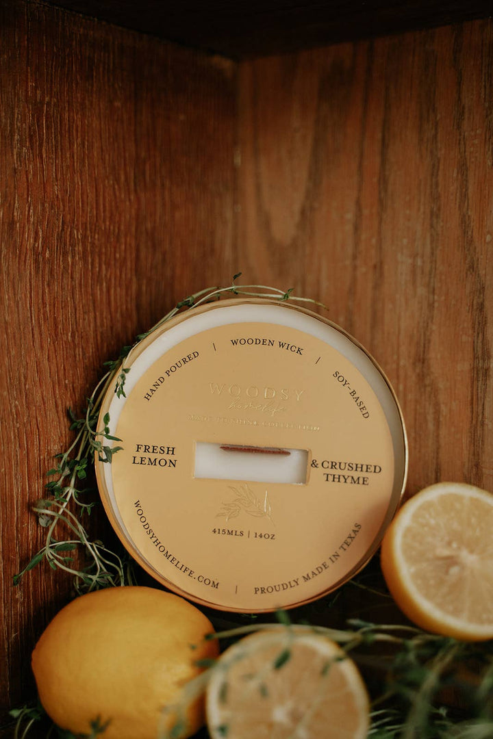 Woodsy Homelife - Fresh Lemon & Crushed Thyme Solid Brass 14oz Soy Candle