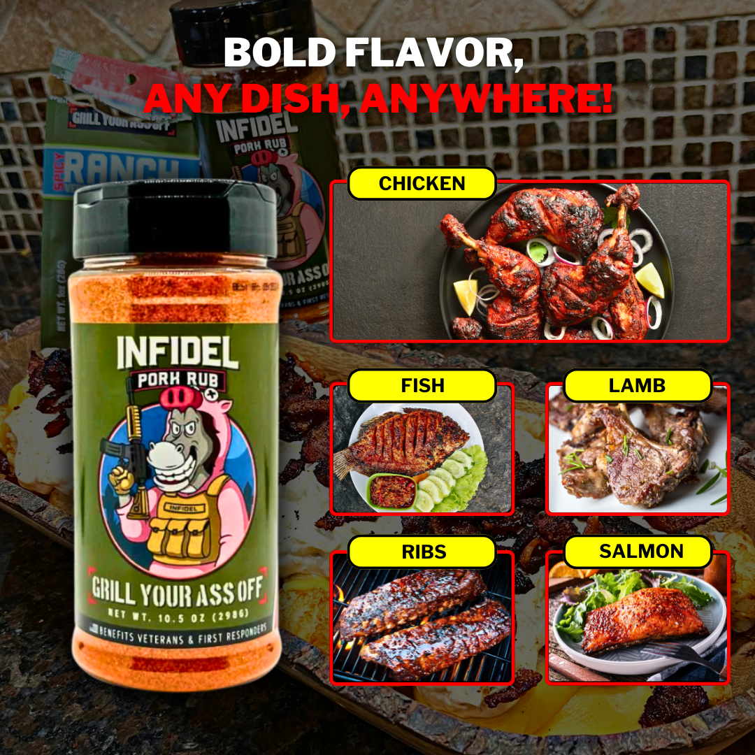 Grill Your Ass Off - Spices, Rubs, Seasonings, Sauces, Jerky - Infidel Pork Rub™ – Bold Flavor for Unforgettable BBQ