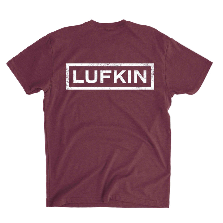 Maroon t-shirt with 'LUFKIN' printed on the back against a gray background