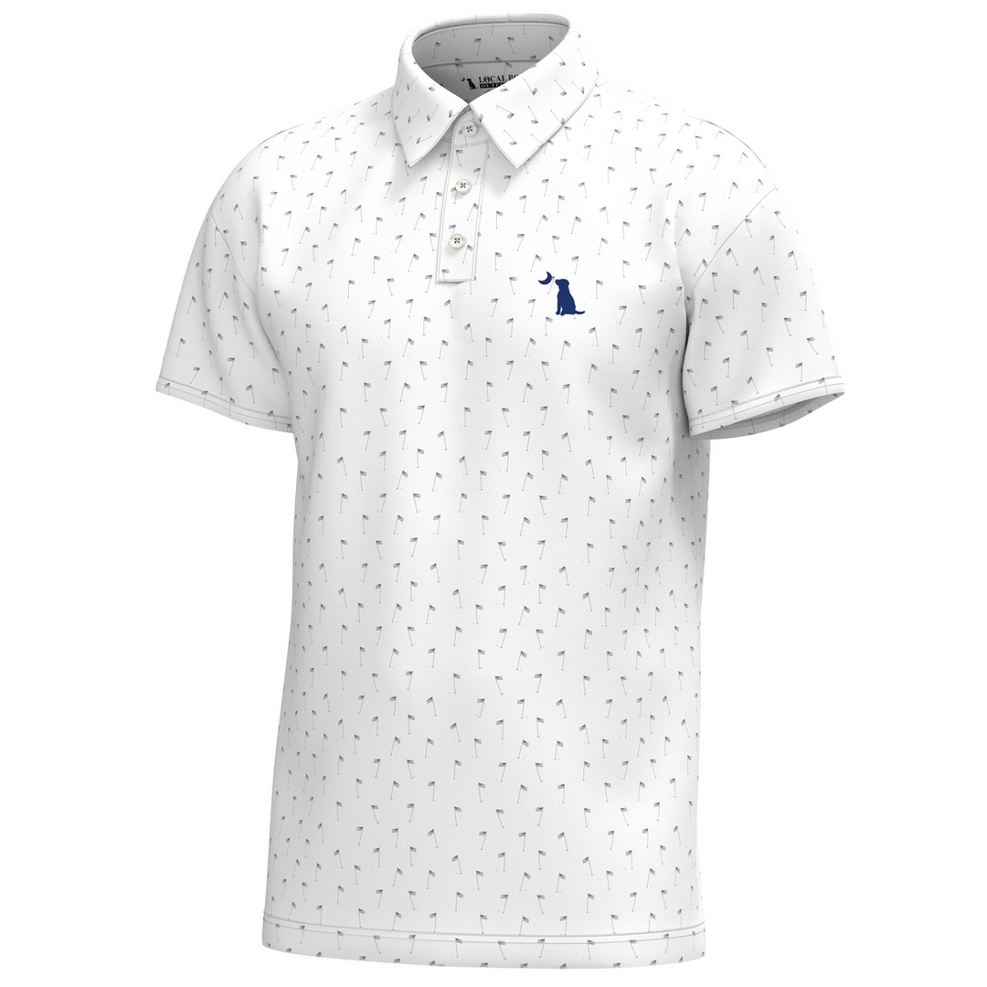 White polo shirt with small pattern and blue logo on a white background