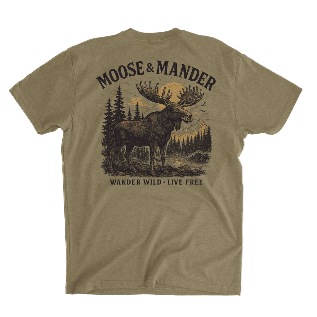 Khaki t-shirt with moose graphic and text on a light gray background