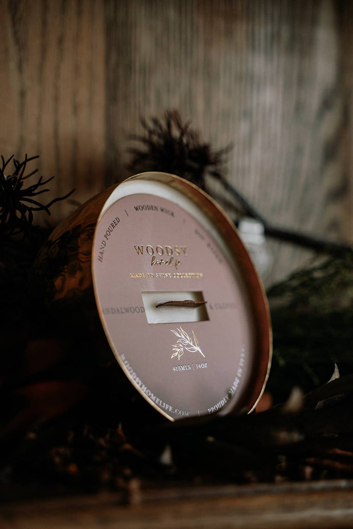 Woodsy Homelife - Sandalwood & Cloves-Solid Brass 14oz Pure Soy Candle