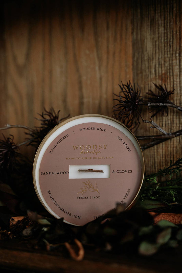 Woodsy Homelife - Sandalwood & Cloves-Solid Brass 14oz Pure Soy Candle